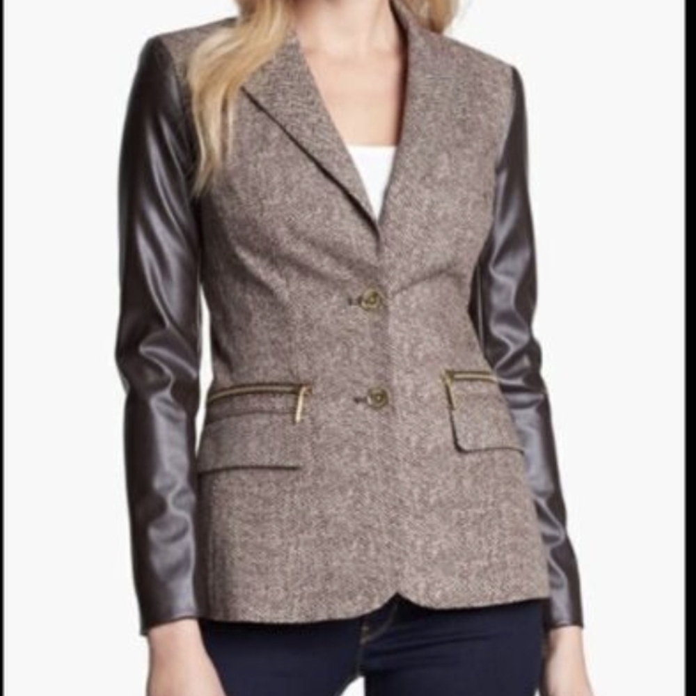 Michael Kors Brown And Gold Blazer with Leather Sleeves